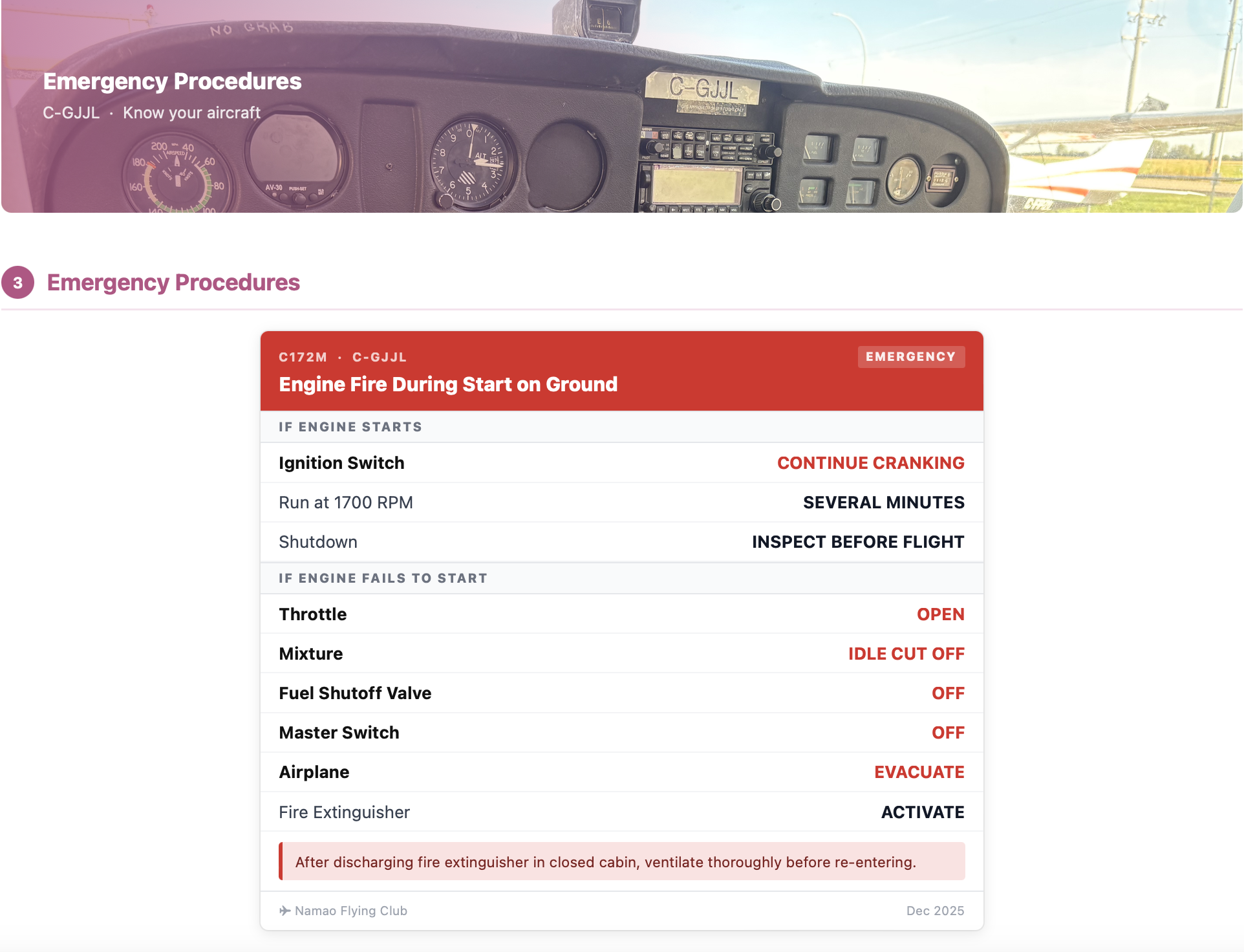 Engine Fire During Start on Ground -- one of the 16 individual emergency procedure cards