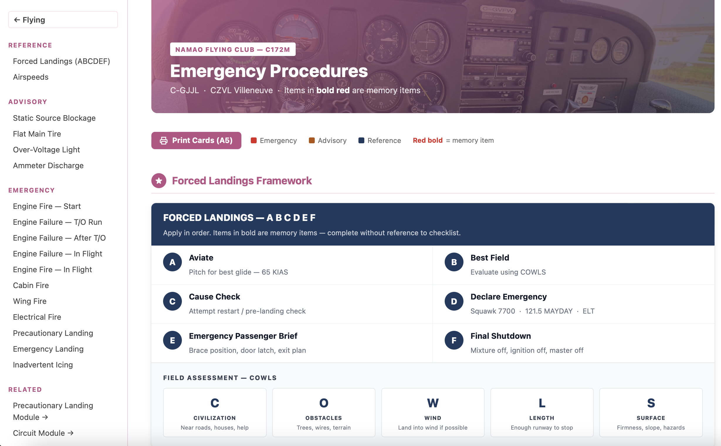 Emergency Procedures page -- forced landings framework, colour-coded cards, and printable A5 layout