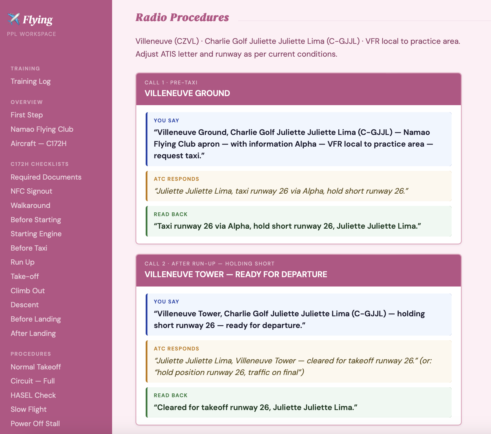 Radio Procedures card -- scripted calls for pre-taxi, run-up, and departure at CZVL Villeneuve