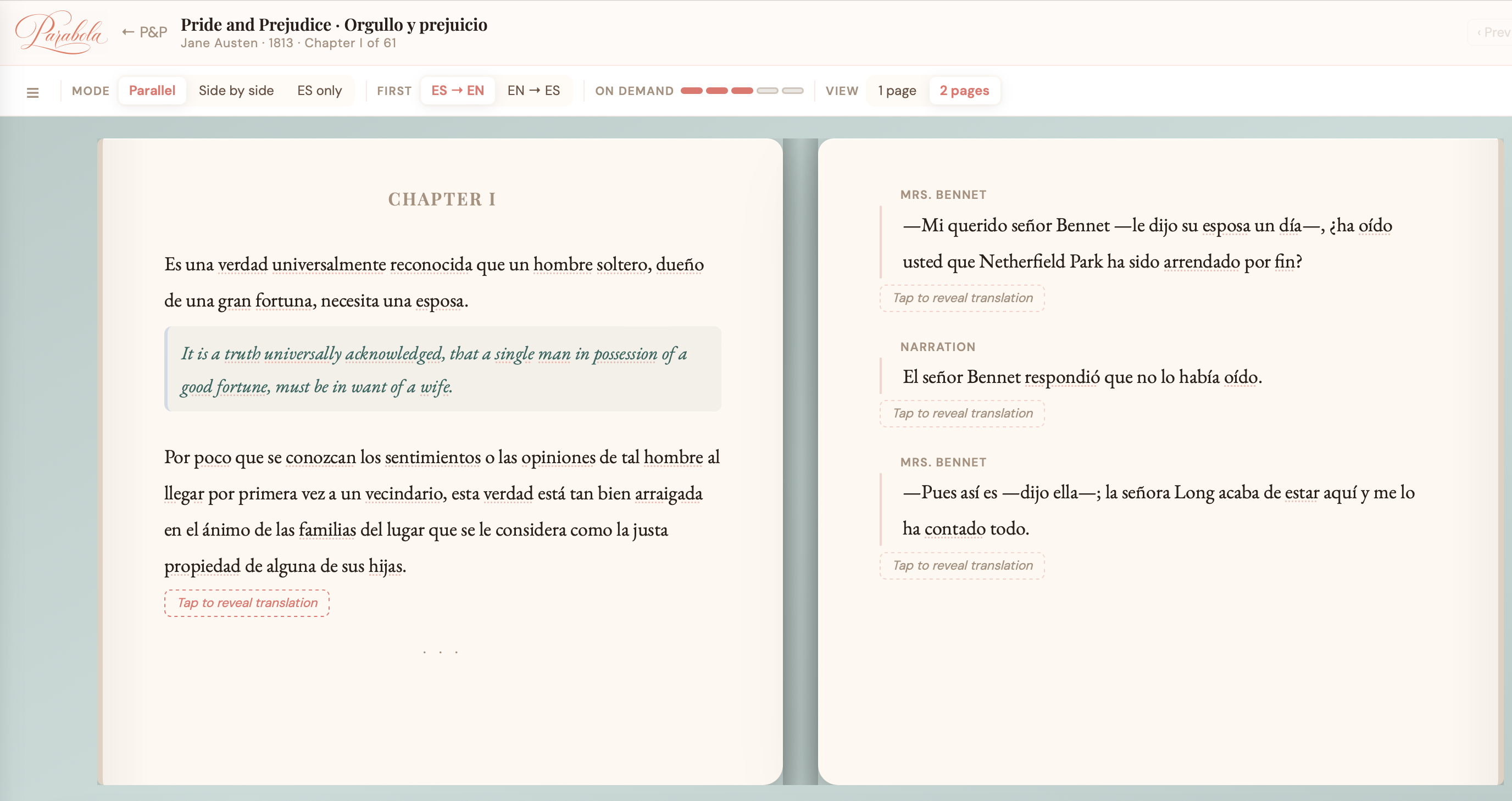 On Demand mode -- tap any paragraph to reveal its English translation, one at a time