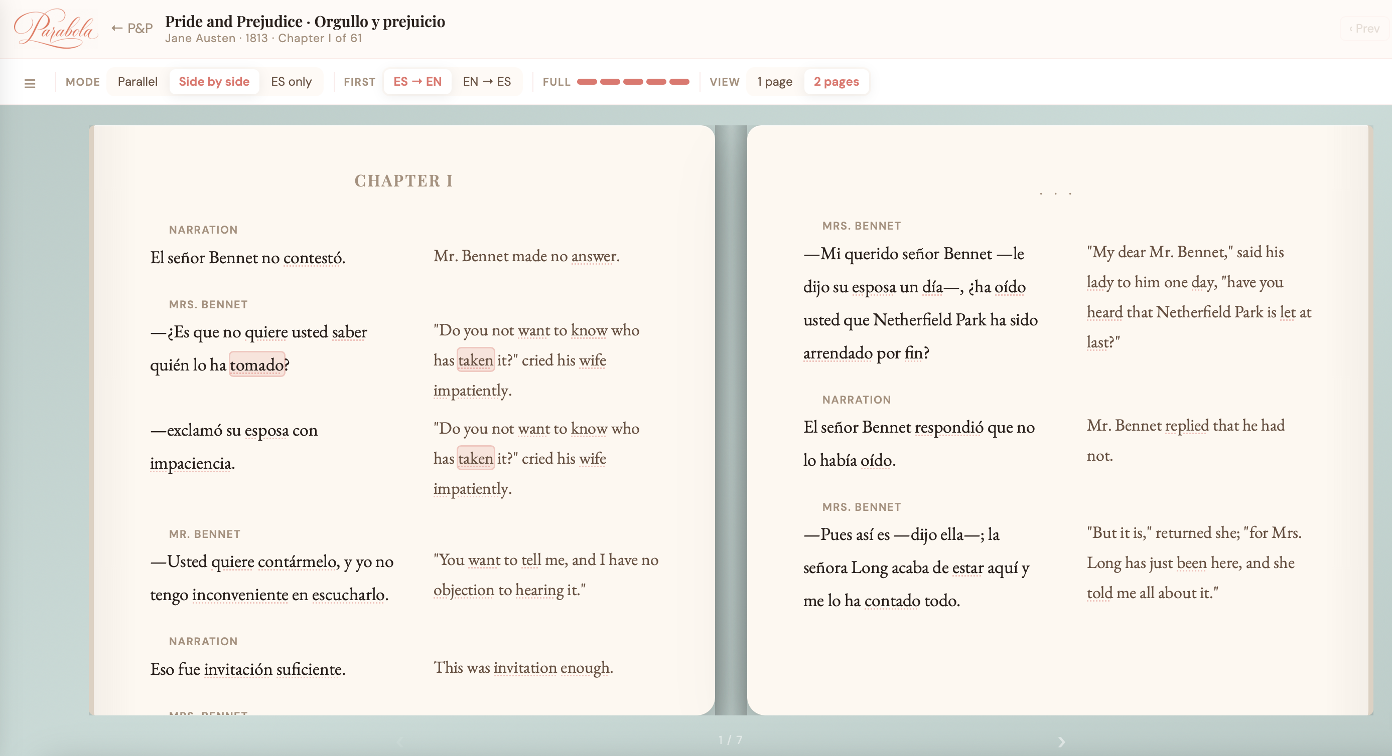 The parallel reader -- Spanish and English side by side, word pairings highlighted across both columns