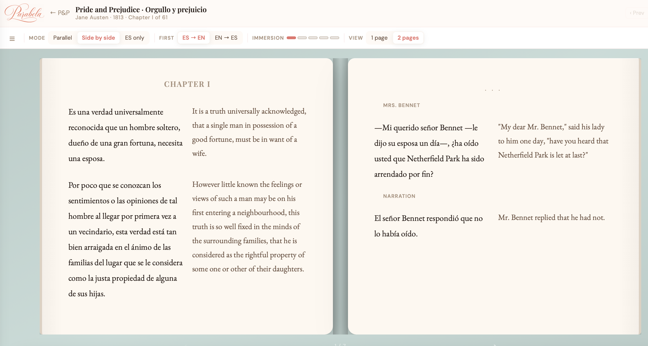 Sentence-by-sentence mode -- Spanish paragraph beside its English equivalent, every line paired